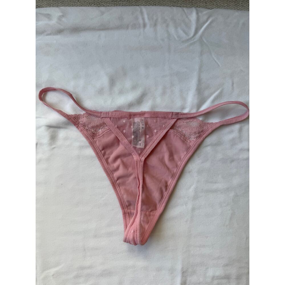 Maidenform Pink Mesh Lace Thong Size L Sheer Polka Dot Detail - Picture 2 of 4